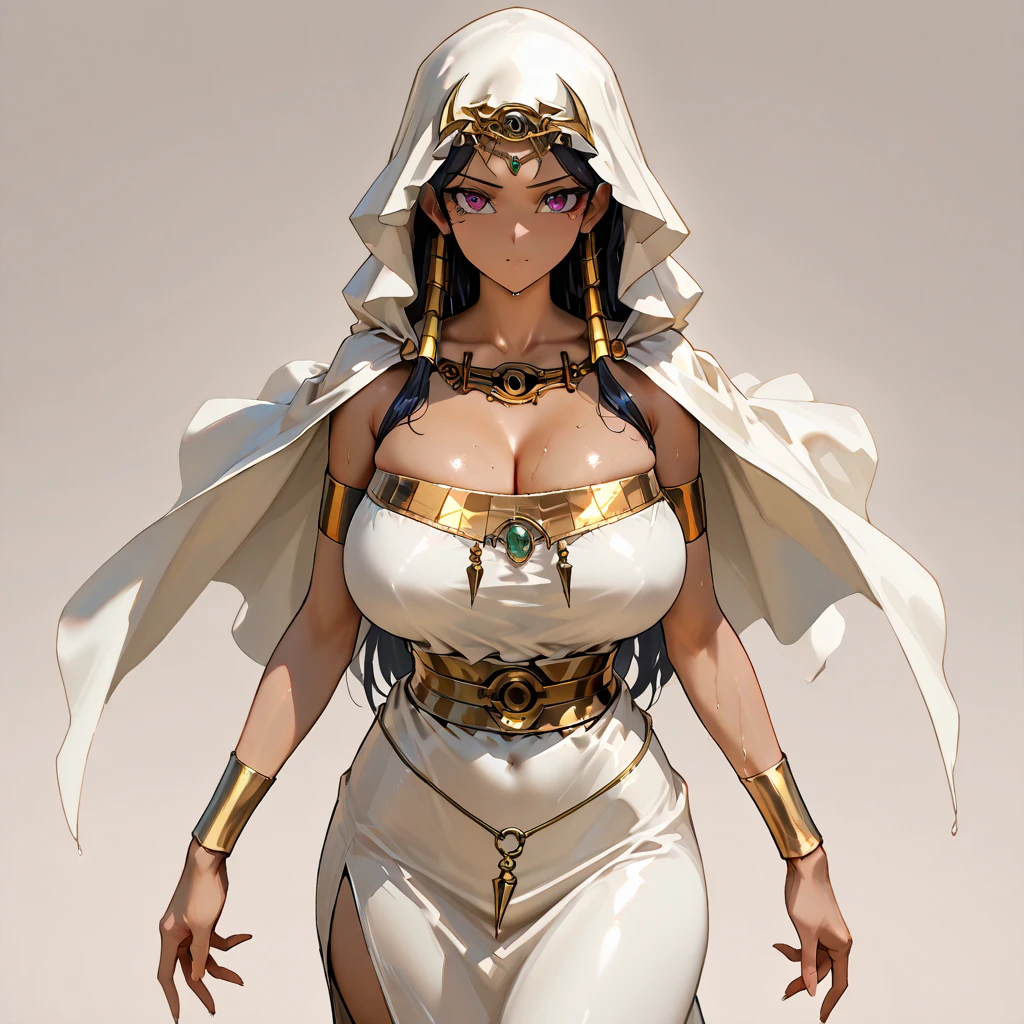 masterpiece, best quality, outdoors, grass, field, flower field,
1girl, solo, looking at viewer, smile, purple eyes, black hair, cleavage, jewelry, long hair, breasts, dark skin, hood, necklace, huge breasts, dark-skinned female, hand on hip, cloak, egyptian, egyptian clothes, eye of horus, knees together feet apart, 
<lora:LoRA_Ishizu:1>