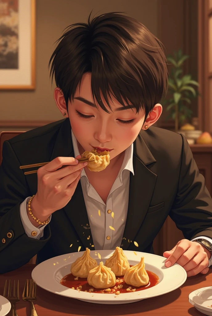 A handsome young man in a yellow suit on the side,Point to the beef noodles on the table,The haughty and confident expression on his face,in the style of the stars art group xing xing, 32K, Best quality, Masterpiece, Super detail, High details