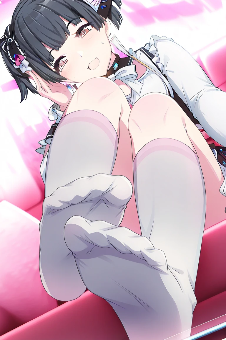 score_9_up, score_8_up, score_7_up, 1girl, solo, mature female, ((Utahime)), (((long purple tied hair))), brown eyes, pink lips, parted lips, scar on face, fit slim body, ((perfect medium erected breast)), (((white lingerie with white thing and white stockings))), bedroom, perfect model body, looking at the viewer, open mouth and hanging out tongue, sitting on the sofa and doing foot job to a penis, touching penis with her foots, POV