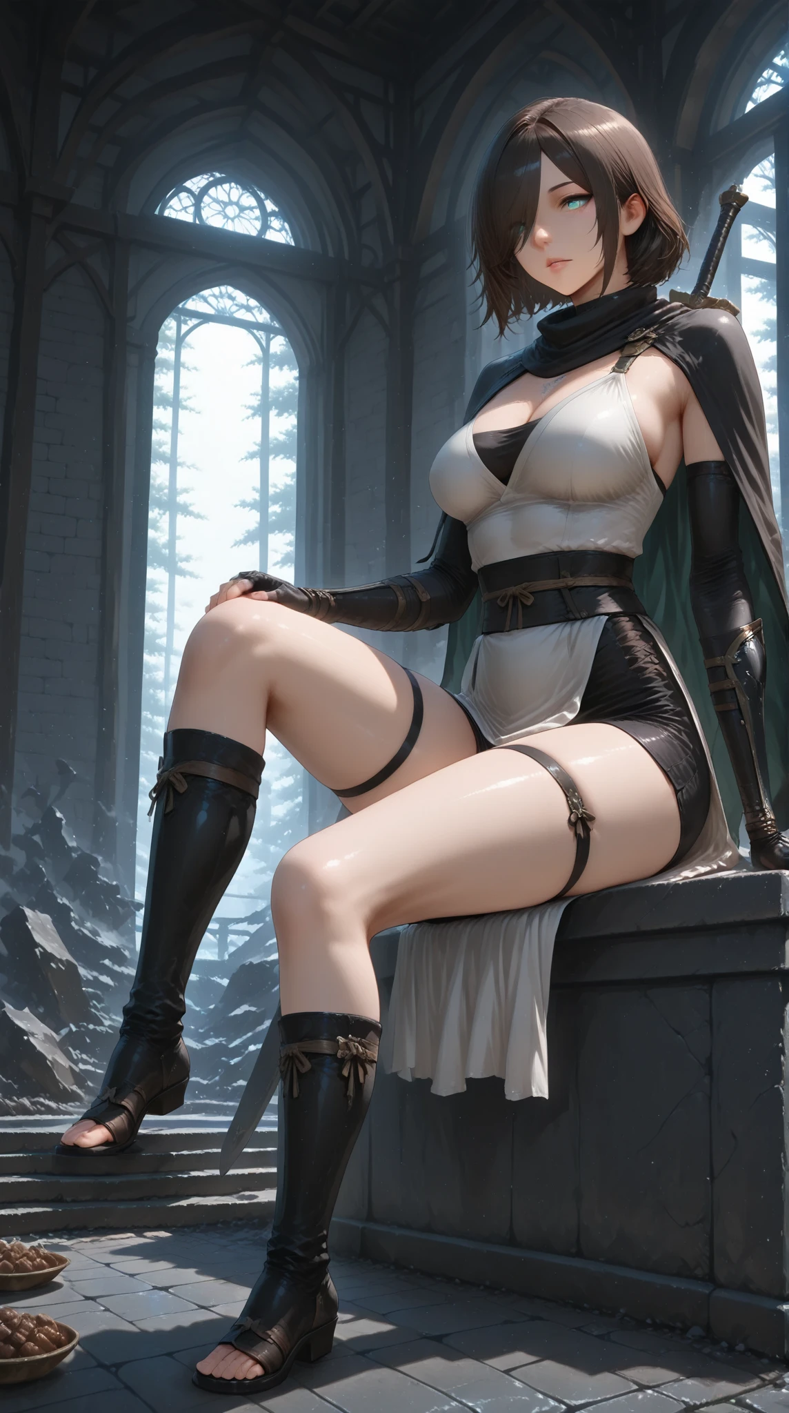 (slanted eye),(Best Quality, 4K, 8K, hight resolution, masutepiece:1.2), Ultra-detailed, (Realistic, Photorealistic, Photorealsitic:1.37), Mature Woman, Adult Woman, notre dame, Dark fantasy landscape,masutepiece, Highest Quality, Ultra-fine,max resolution, Extremely detailed, ((Woman knight, Clean Armor,White bikini armor)),Huge breasts, Big ass,Seductive thighs,poneyTail,((high legs,thong)),overknee socks,(((Dark skin)))
