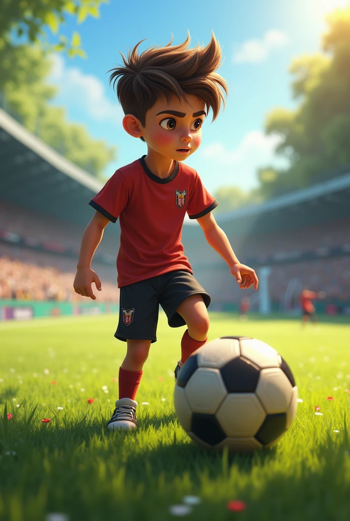 A boy in a soccer uniform shyly shows off his butt