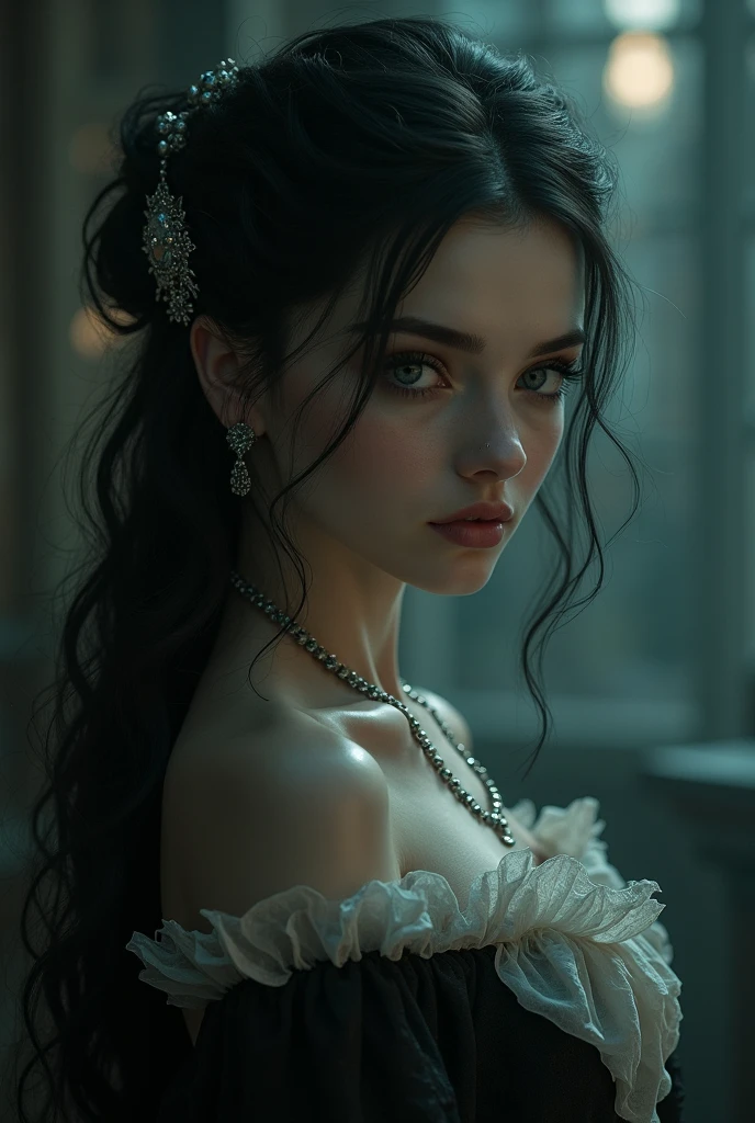 Exquisite silver chain necklace、Beautiful and elaborate face、Captivating eyes、Elegant look、Gorgeous dress、Dramatic lighting、Fantasy Concept Art、cinematic composition, tonal colors, ethereal atmosphere, photo-realistic, 8k, masterpiece