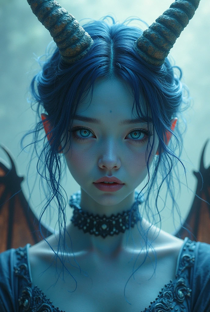Dracohuman with colorful eyes (left eye red and right eye blue) a pink mouth and small dragon fangs that are barely noticeable, semi-white skin covered by black hair with red and blue tips that fall from his forehead to his face, hair that reaches to her knees, 2 ivory horns crystallized with bluish amber stone and golden wings of white feathers