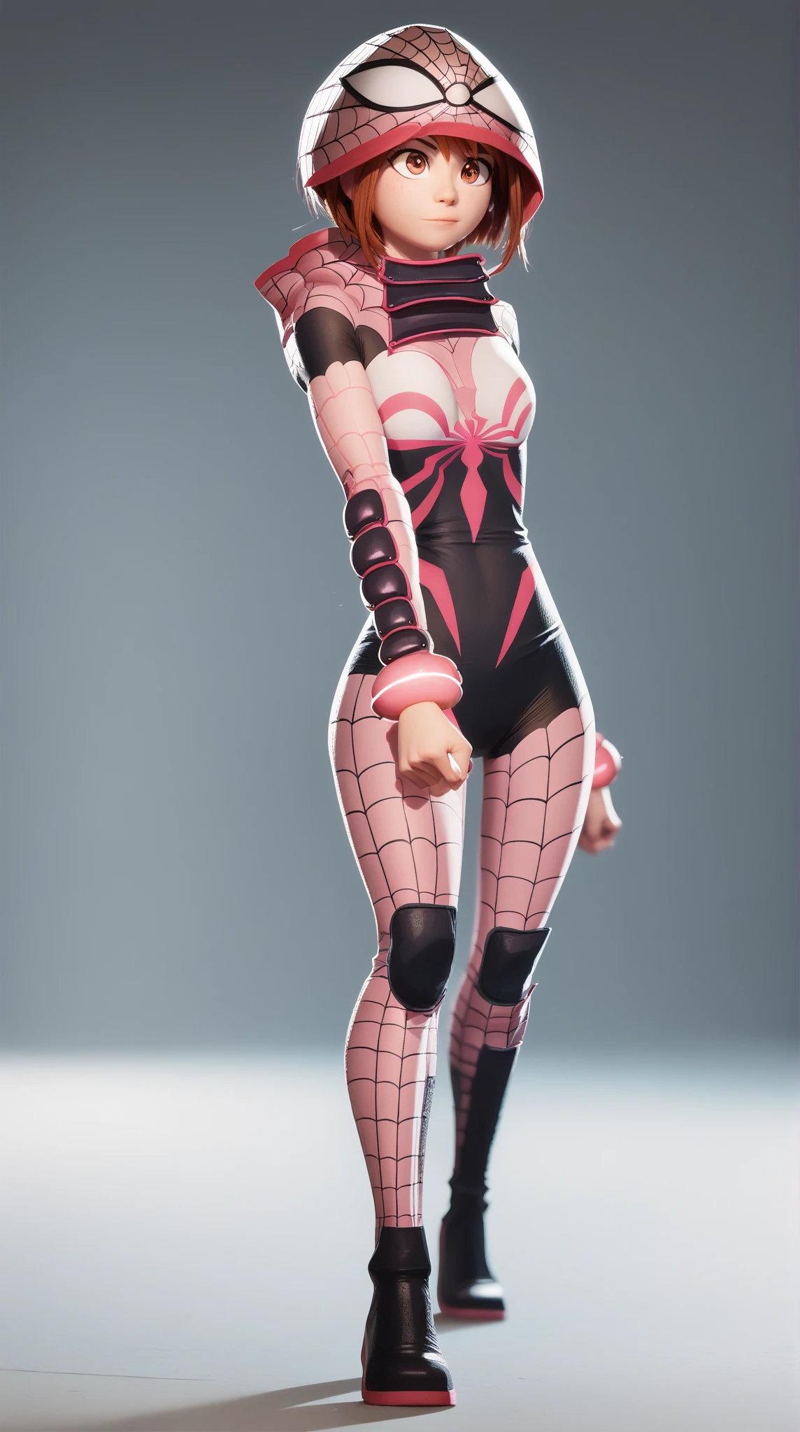 photorealistic, high resolution, soft light,1women, solo, hips up, (detailed face),tattoo, jewelry, Gwen Stacy, Spider Gwen suit, tights, superheroes, (full body photo), ((Spider-man pose)), (dynamic pose tights, superhero, (blonde and pink hair), (blue eyes), animation, eyebrow piercing (side cut: 1.3), (asymmetrical_hair: 1.3), (one side of shaved head: 1.3)