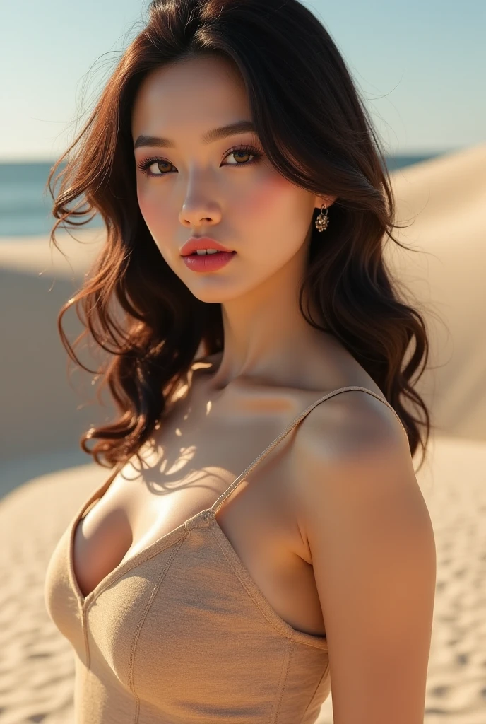 Woman walking on the beach at sunset, depth of fields, Soft orange light illuminating a woman, ((thick body)), Textured skin, The person is clear, length hair, Nostalgic and refreshing atmosphere, A worried look, One Woman Standing, Light makeup, Crisp drawing, Attractive woman, flowing silhouettes, A woman wearing a blouse and dark tight skirt, Symmetrical blouse, tight skirt and thin belt, Elegant materials and design, small earring, Small bracelet, Sophisticated style