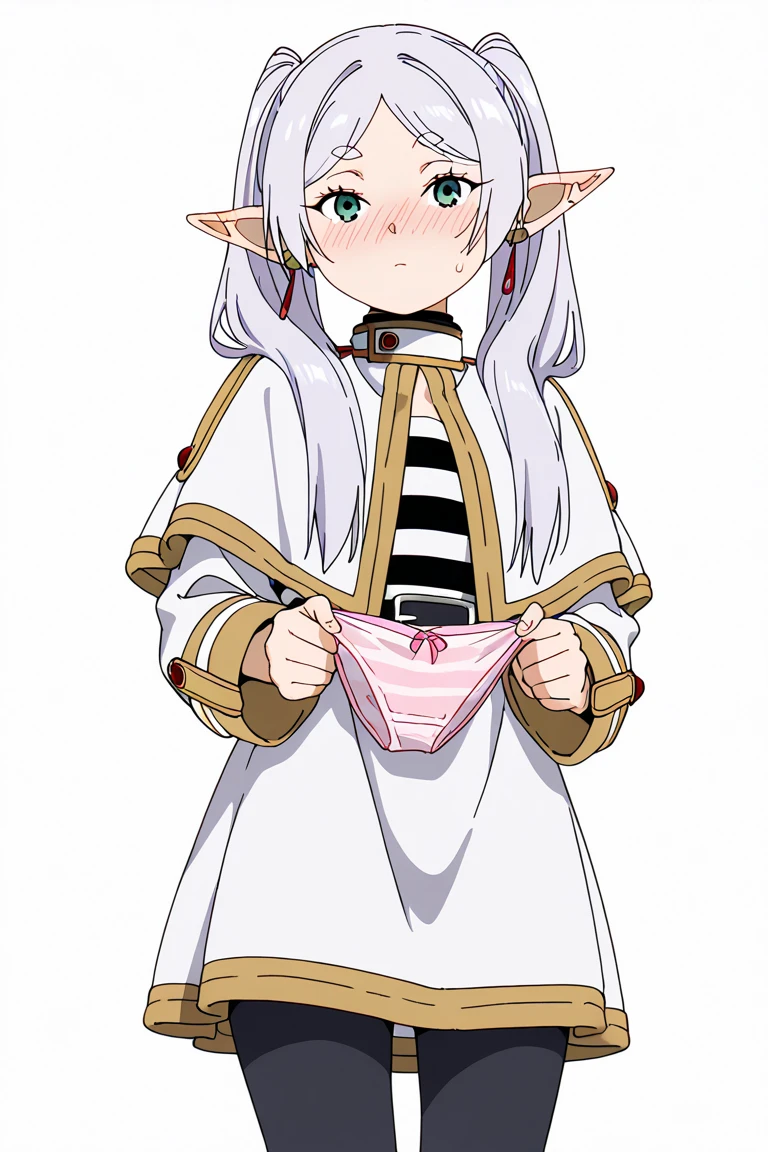 masterpiece, best quality, (illustration), naked, solo, Frieren, pointy ears, twintails, green eyes, elf, long hair, white hair, thick eyebrows, parted bangs, breasts, standing