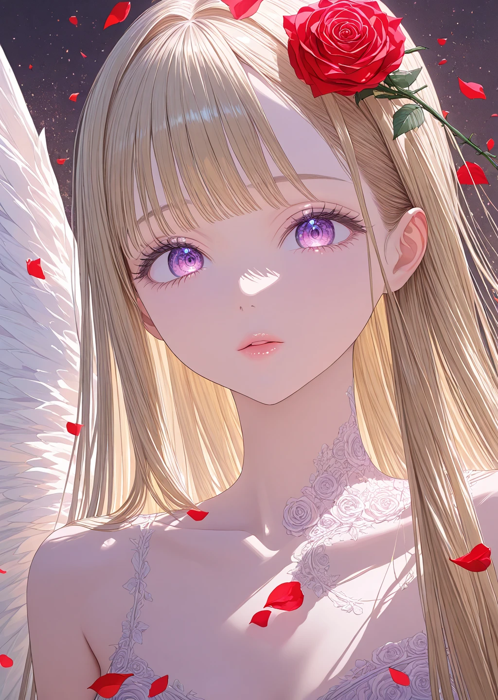 Watercolor painting of a beautiful woman, 30 delicate colors, wearing a fine silky, close-fitting sheet-like fabric, detailed eyes, long eyelashes, foundation, pink lipstick, eyeliner, facial details, simple Necklace, look at me, detailed depiction, space colored with ornaments, delicate light depiction,