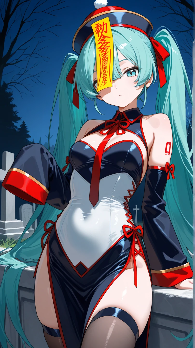 hatsune miku, outfit-inori, hug,1girl, solo,green eyes, breasts, large breasts, cityscape, <lora:outfit-inori-pynoise:1>