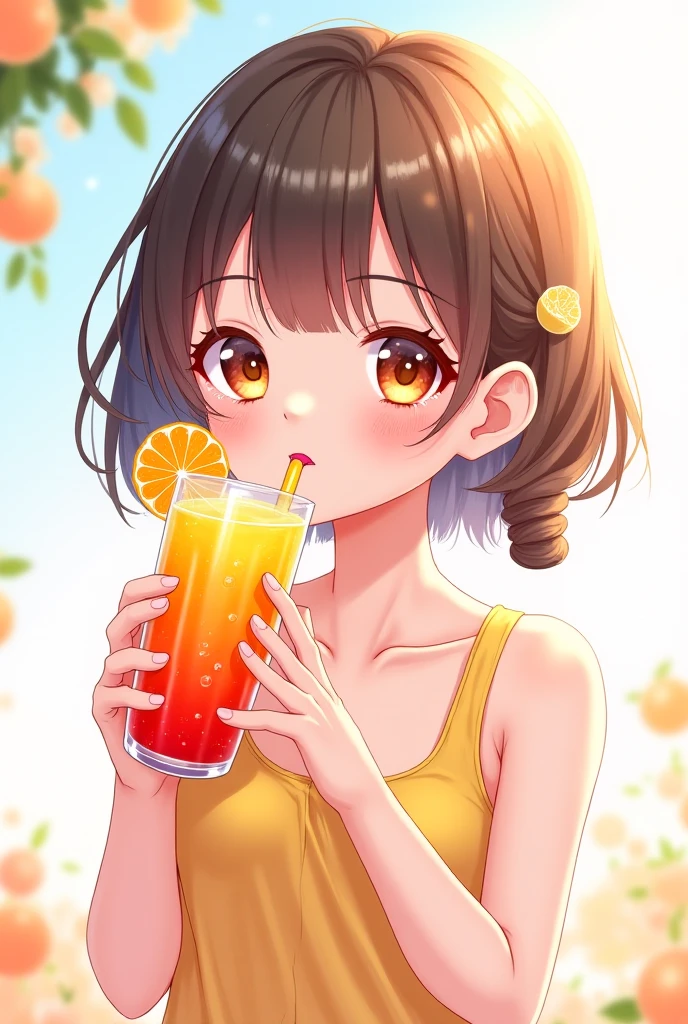 masterpiece、Highest quality、Depth of subject、2D illustration、1 beautiful girl、独奏, (((chibi style)))、Long, beautiful hair、shiny brown hair、cute、Beautifully detailed eyes、((Tank top))、a glass of lemon soda, ((colorful))、mini skirt、((happy smile))、((close up shot))、((in the room))、((There's a lot of pink around))、Thighs、((vivid color))、sparkle、((Lens flare))、