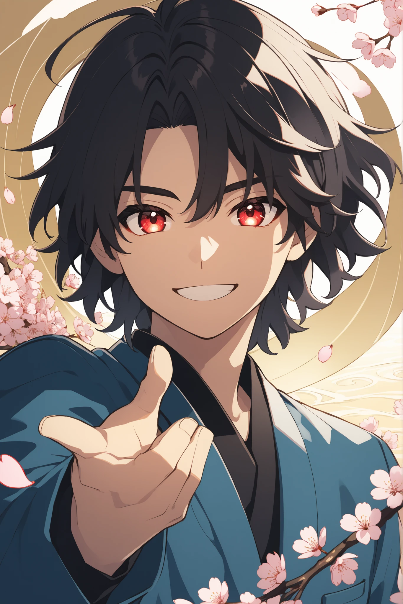 A young man with medium hair, black hair, glowing red eyes with a confident smile gesture. He wears a blue jacket with a red cut, with floating cherry blossoms and a golden sea wave background.
