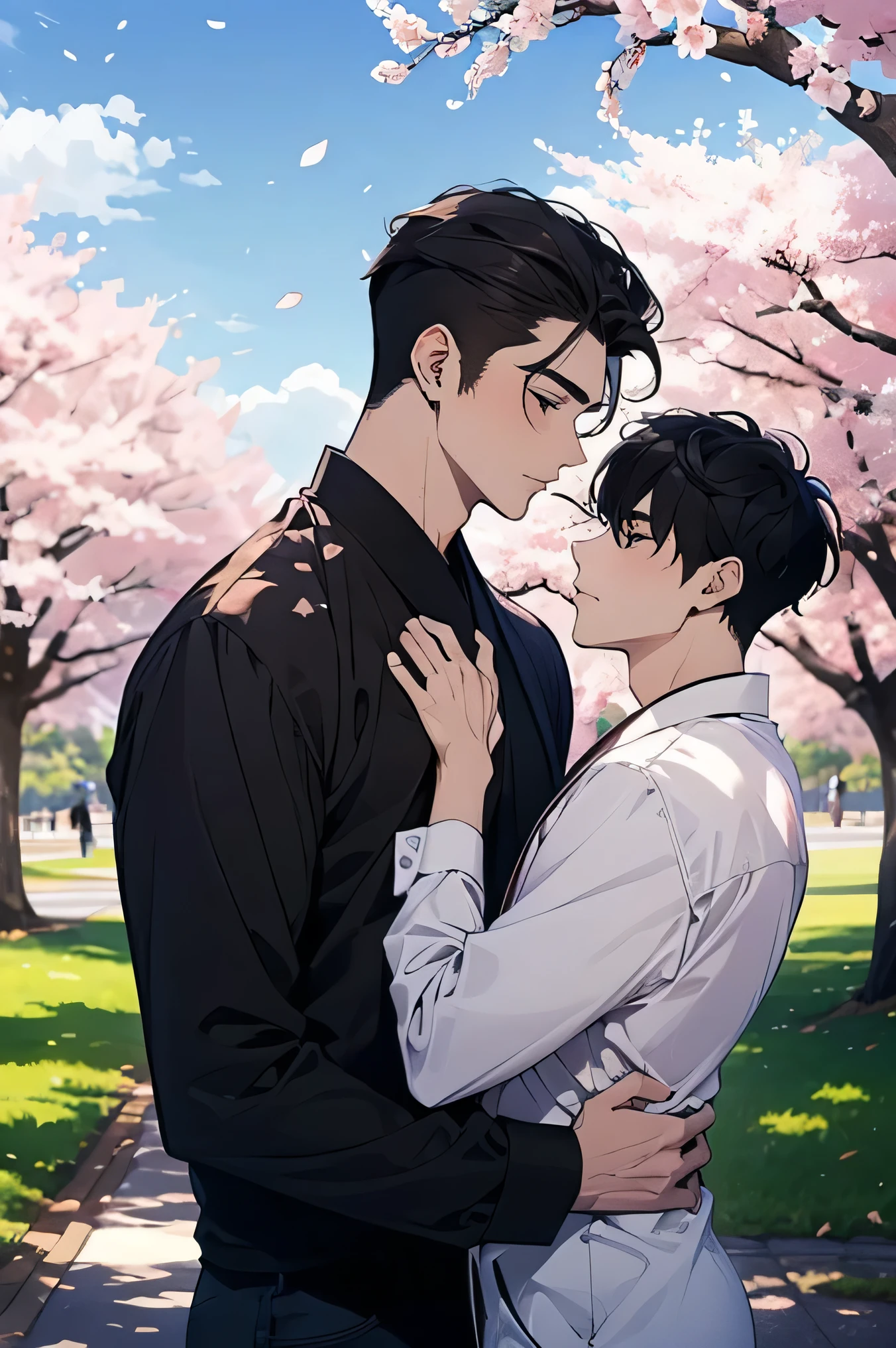 Two adult men Japanese Handsome guys Two adult menン very short black hair tight long sleeve casual shirt under the cherry tree blue sky Cherry blossom trees in the background cherry blossoms in full bloom under the cherry tree blue sky Cherry blossom trees in the background cherry blossoms in full bloom Petals Dance in the Wind guysで抱き合ってキスしながら一人はカメラ目線 upper body composition Two adult men guys