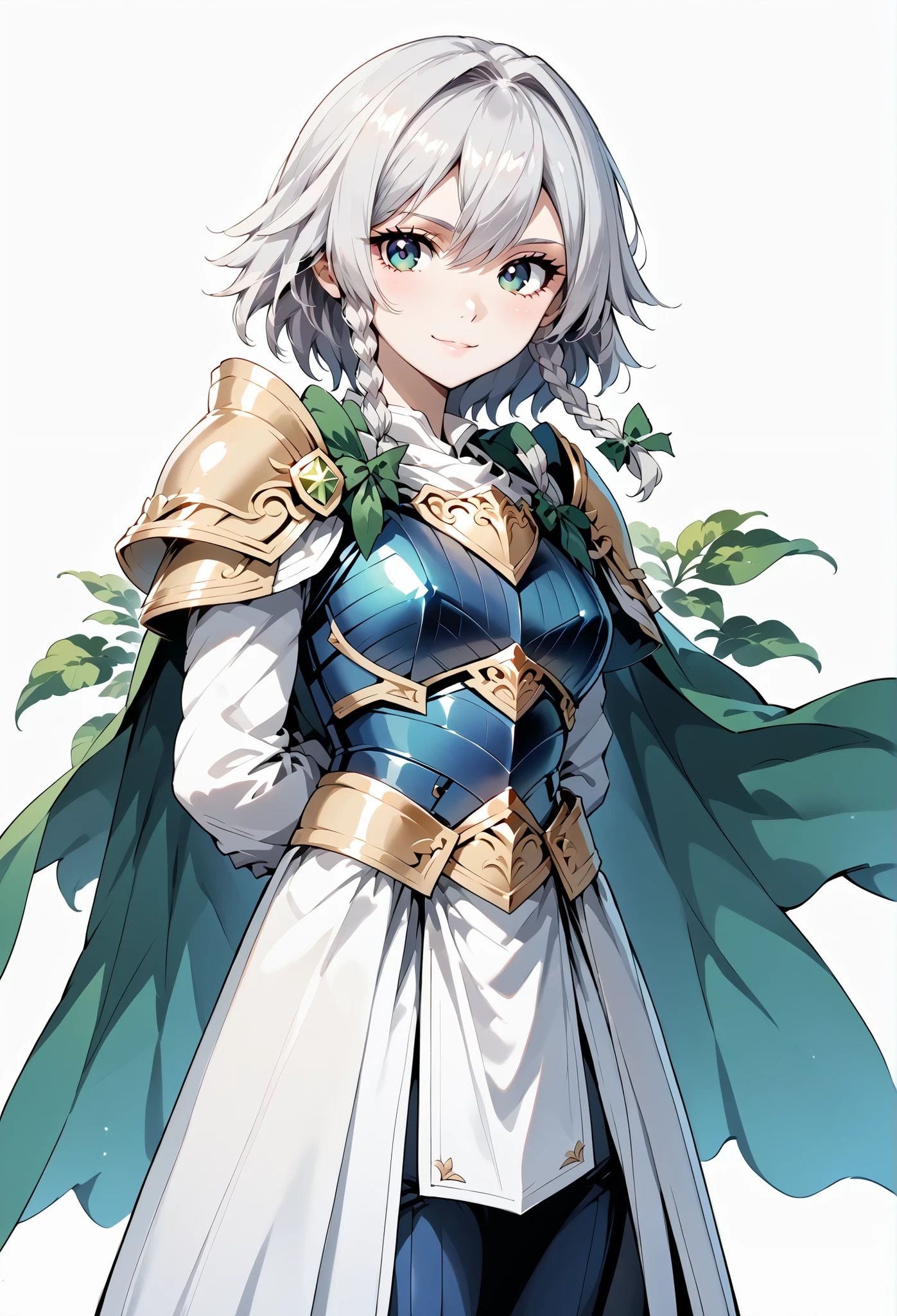 score_9, score_8_up, score_7_up, source_anime, 4K,perfect fingers,(perfect hands, perfect anatomy),prefect lighting, very aesthetic, intricate details,highly detailed background, masterpiece, high quality, best quality,
1girl,solo, izayoi_sakuya,silver hair, twin_braids ,Large Breast,
wearing ((gloves, long sleeves, wings, white gloves, armor, shoulder armor, breastplate, blue armor, Cape, armor, Androidization、Robotization, )) ,,
smile, ((pale skin)), ((White plain background:1.5)) , looking at viewer, ((Arms Behind Back,:1.5)),