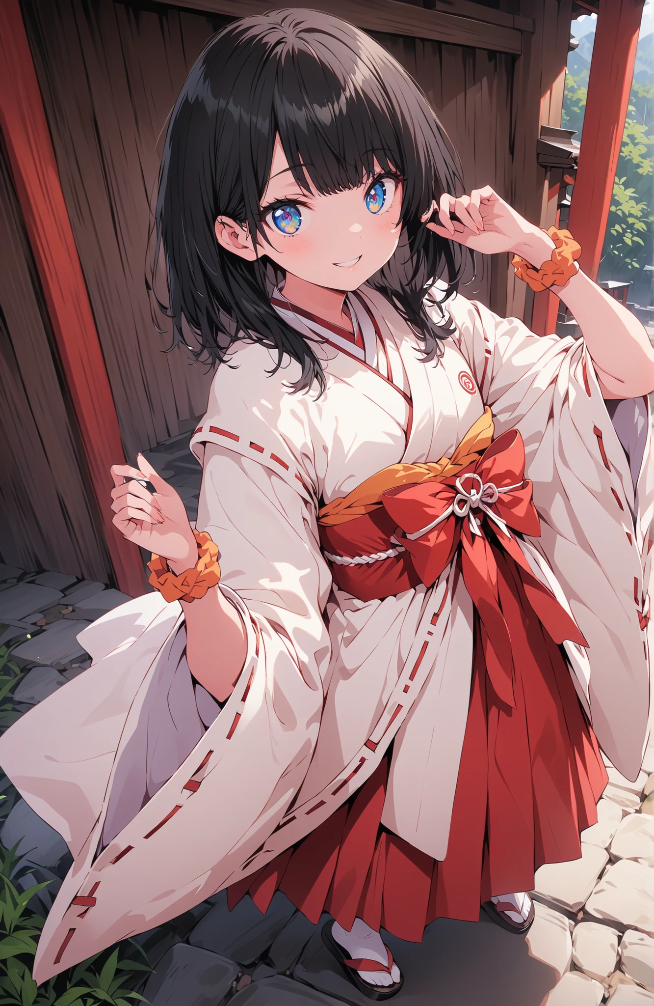 score_9, score_8_up, score_7_up, source_anime, It's because of Rikkata, black hair with a young pattern, blue eyes, MEDIUM HAIR, orange scrunch, scrunchie, Wrist Scrunches , smile,cover,Open Your Mouth,Orange wrist scrunch, Shrine maiden, kimono, object, Red Hakama Skirt , Wide Sleeves, long sleeve, ribbon trim sleeve,Sandals, white socks, standing on a stone staircase,noon,full bodyがillustrationsに入るように,break outdoors, shrine,
break looking at viewer,full body,
break (masterpiece:1.2), Best Quality, high resolution, Unity 8k 壁紙, (illustrations:0.8), (beautiful detailed eyes:1.6), very detailed face, so that it fits into the illustration, Extremely Detailed CG, (perfect hand, perfect anatomy),