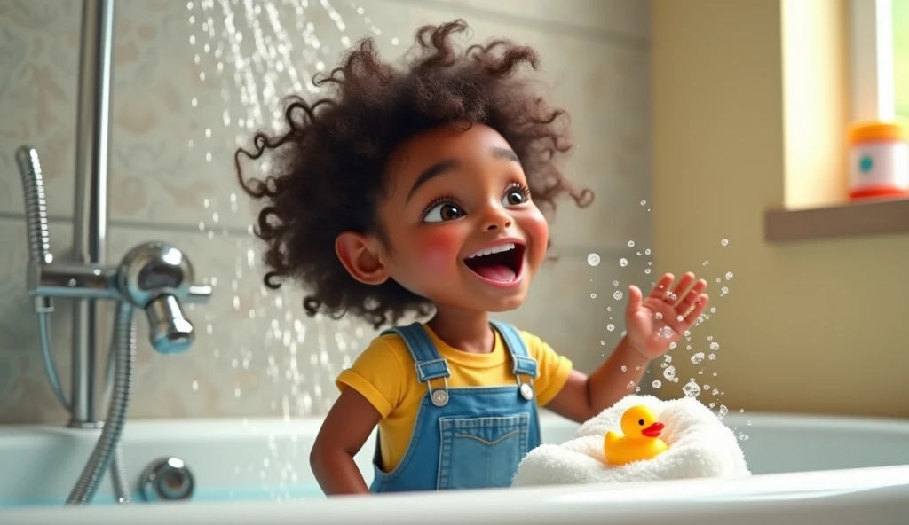 Create an animated image showing a three-year-old child with dark brown curly hair washing their hands..