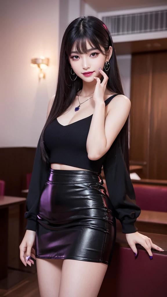 An Arreali woman in a black shirt and white dress holds a drink, intriguing outfit, wearing sexy cropped top, smooth white tight clothes suit, Lovely woman, Sexy outfit, Gorgeous young Korean woman, gorgeous chinese models, very sexy outfit, Open V chest clothes, wearing tight simple clothes, Sexy dress, Attractive girl, Korean girl, beautiful Korean women, Attractive woman