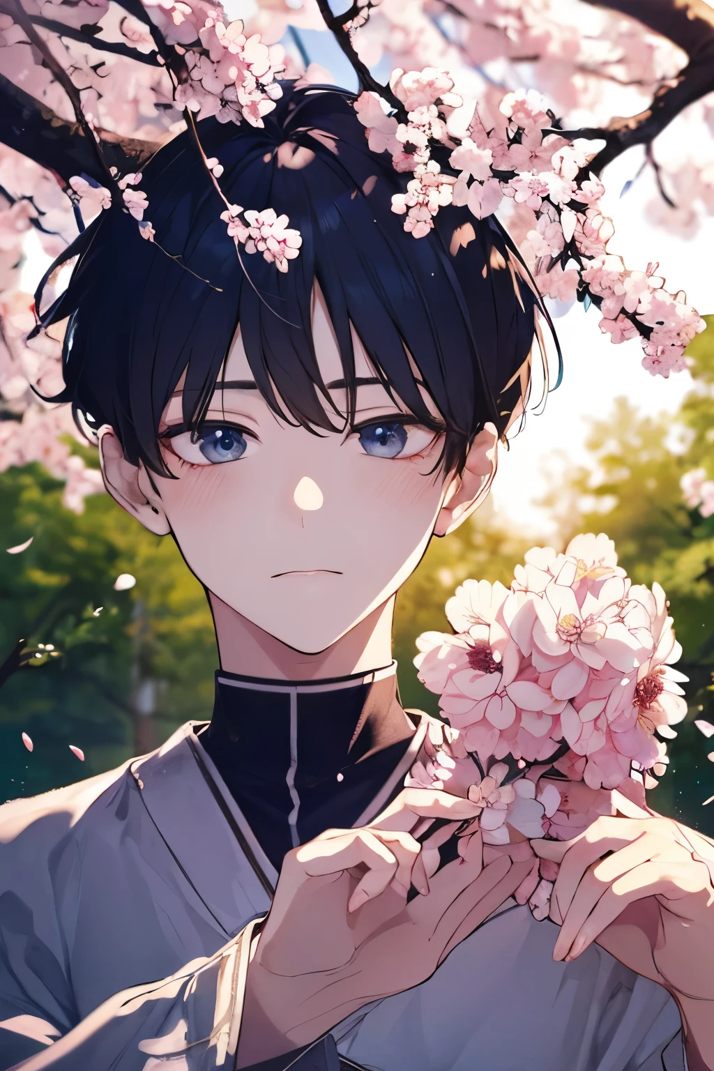 Adult manイケメン very short black hair wear only navy tight high neck long sleeve shirt Adult man Big face Big face アップで face up under the cherry tree blue sky Cherry blossom trees in the background cherry blossoms in full bloom