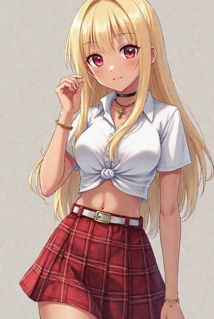 (masterpiece, best quality), unbelievably absurd, very detailed, delicate and dynamic, (small breasts, round perky breasts, hardened nipples), ((1 woman, very long blonde hair, big purple eyes, hair accessories)), (slightly closed eyes, mysterious smile), ((22yo, 1 adult, pussy outline visible through panties:1.5)), erotic, dynamic sexy poses, healthy body shape, ((wallpaper, graceful thighs, college uniform, deep neckline, necklace, thighhighs, thigh strip, extremely short skirt, garter belt, thick black stockings, cotton white panties with red decorations, tank top, off shoulder, collarbone, earrings)), perfect lighting, smooth, hdr,