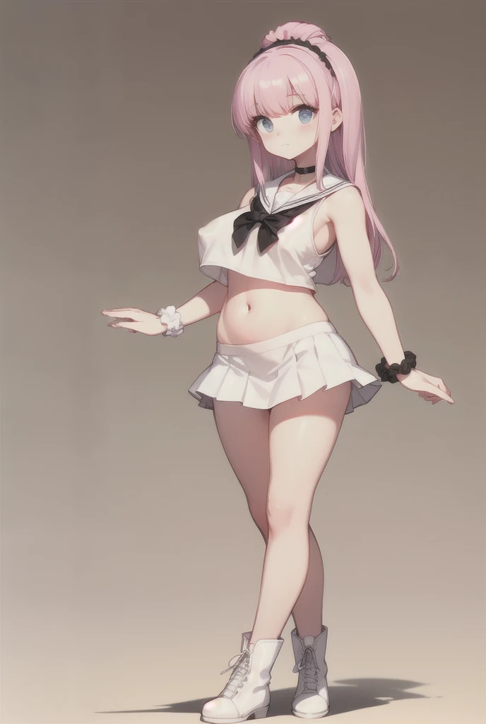 girl,Young,(masterpiece,Highest quality),Street,Bare shoulders、Gal、Pink Hair、smile、passionate、long hair、(Underboob),Big Breasts,Cleavage,(stomach),Mini tube top、looking at the camera、shoes、(Ultra Micro Mini Pleated Skirt),solo、Are standing、barefoot,