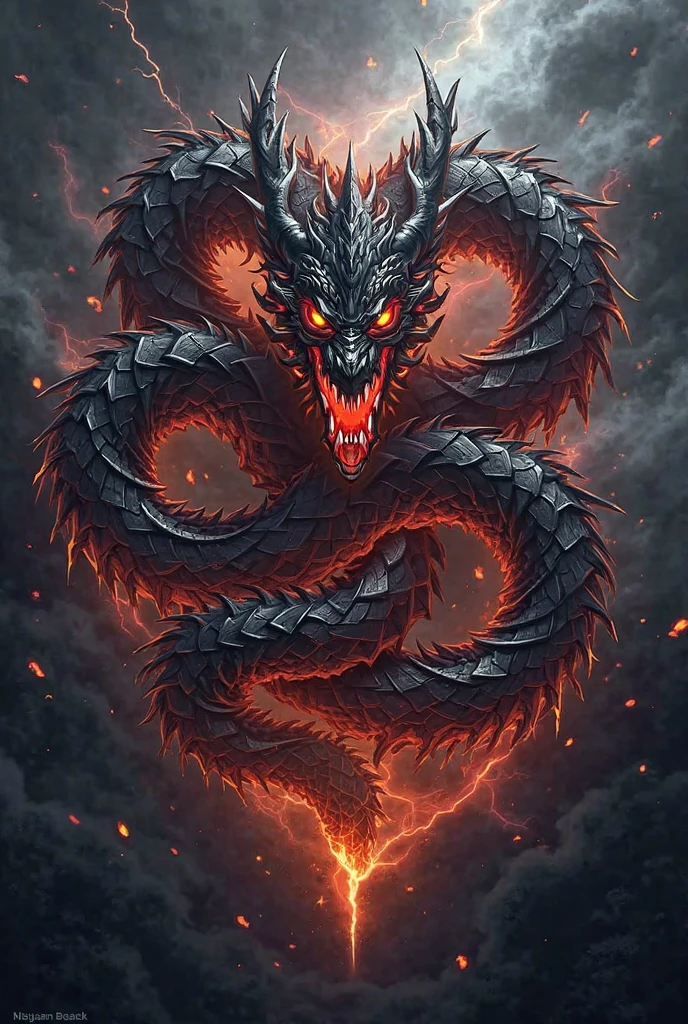 Dragon god, dragon of life, big horns, giant horns, beast, glowing eyes ,Black and silver color,a head ,Golden shine eyes,Big and long body ,4 Paws, long tail, several horns