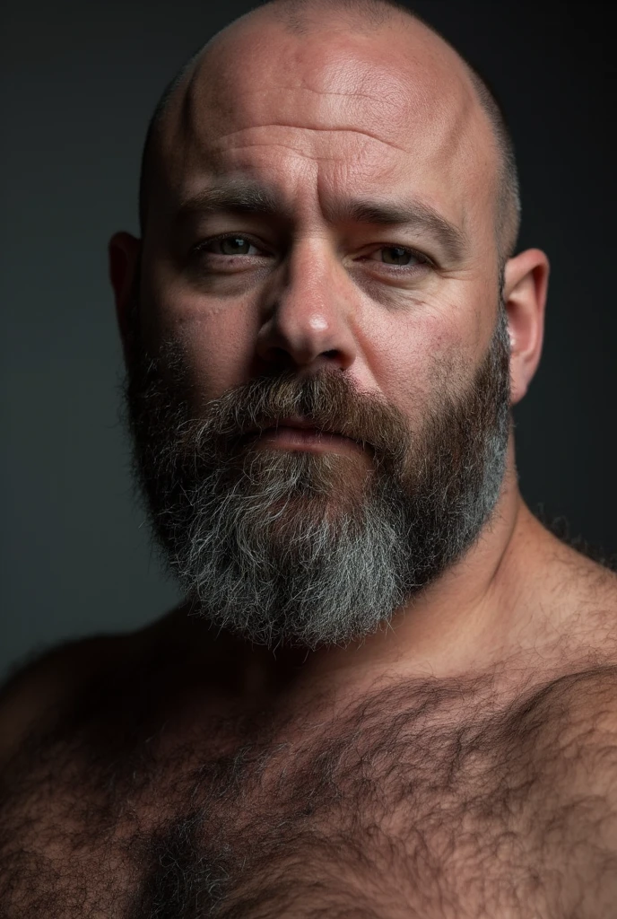 "Capture um 8K, retrato hiper-realista de um homem com cerca de 50 anos. Ele tem um corte de cabelo desbotado estilo militar muito curto, with a rugged beard that gives off a lumberjack vibe. Seus penetrantes olhos verdes olham diretamente para o espectador. A cena mostra o homem de corpo inteiro, revelando seu peito fortemente peludo e a parte superior de sua barriga, showing a chubby physique. He is shirtless against a deep black background, com um claro, Bright studio lighting effect evenly illuminating your face and body. A imagem deve mostar o corpo todo, e focar nos pelos no peito, renderizado no estilo hiperrealista. Inspirando-se na fotografia de Greg Rutkowski, maintain a high level of realism while highlighting the man&#39;s natural, rugged appearance."
