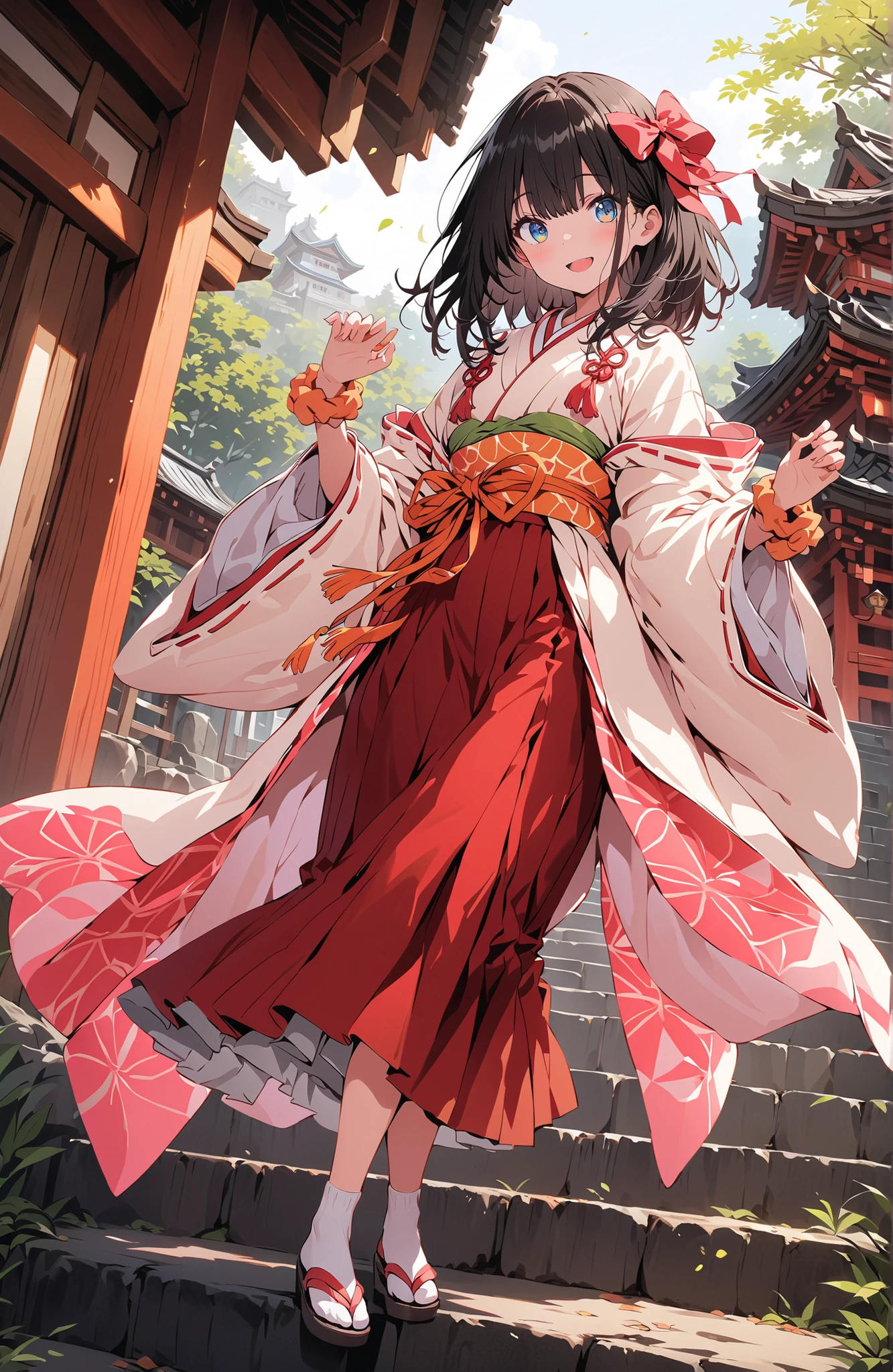 score_9, score_8_up, score_7_up, source_anime, It's because of Rikkata, black hair with a young pattern, blue eyes, MEDIUM HAIR, orange scrunch, scrunchie, Wrist Scrunches , smile,cover,Open Your Mouth,Orange wrist scrunch, Shrine maiden, kimono, object, Red Hakama Skirt , Wide Sleeves, long sleeve, ribbon trim sleeve,Sandals, white socks, standing on a stone staircase,noon,full bodyがillustrationsに入るように,break outdoors, shrine,
break looking at viewer,full body,
break (masterpiece:1.2), Best Quality, high resolution, Unity 8k 壁紙, (illustrations:0.8), (beautiful detailed eyes:1.6), very detailed face, so that it fits into the illustration, Extremely Detailed CG, (perfect hand, perfect anatomy),