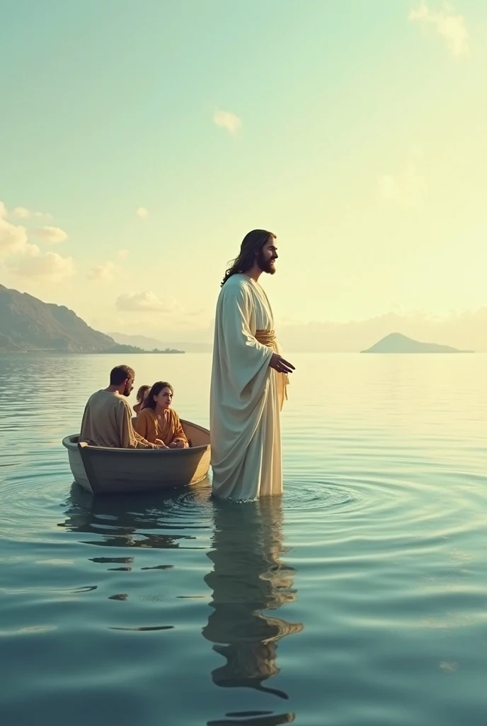 Drawing Jesus in a boat with a girl and a boy fishing and fish