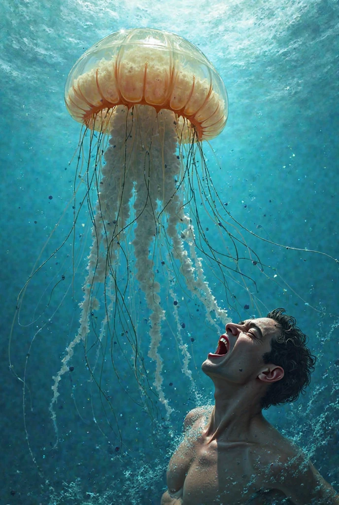 HQ drawing of a beautiful man, with medium straight wavy brown hair, with a golden net around his body underwater, and jellyfish