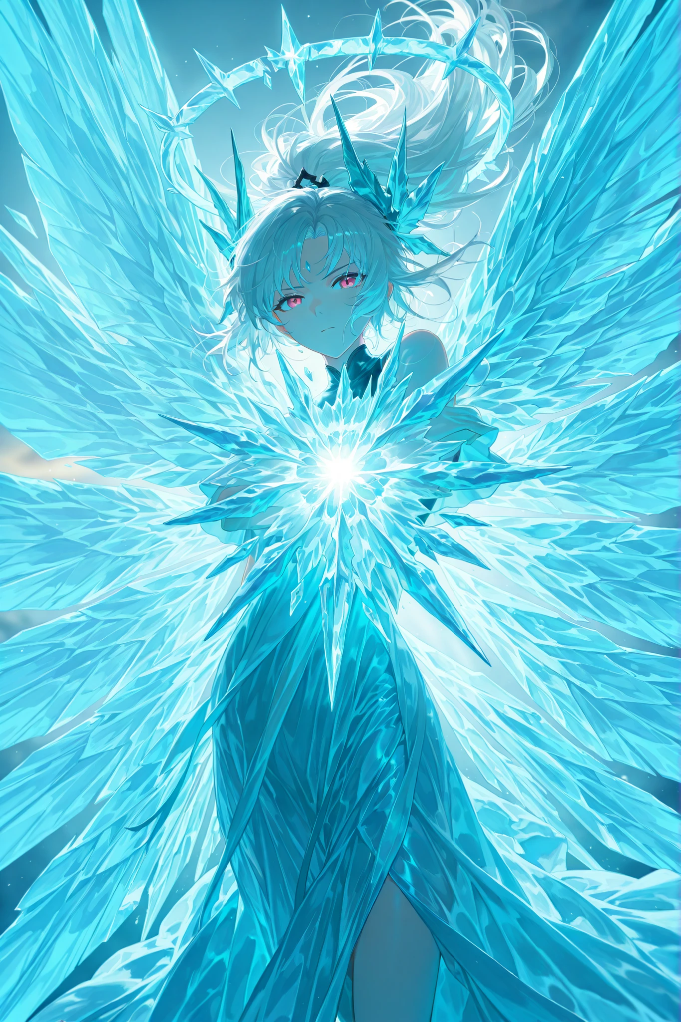 style of [arknights|(748cmstyle:0.88)], god rays, vivid colours, light stream, colour splotches, cinematic shot, mature, young adult, masterpiece, best quality, amazing quality, very aesthetic, high resolution, ultra-detailed, absurdres, (hands:-0.15),
(1girl, young adult, female:0.95), solo, alone,(dynamic pose upper body focus, dutch angle, action shot, three quarter view, close up, cowboy shot:1.2),(JingliuBren:0.44), white hair, ponytail, (ice wing,dynamic wings:1.4), angel, ice angel, fallen angel, broken angel, corrupted halo, white toga, hair ornament greek priestess, dress red eyes, gold eyes, pink eyes, novuschroma79 style, glitch art photo
BREAK, depth of field, volumetric lighting
 
