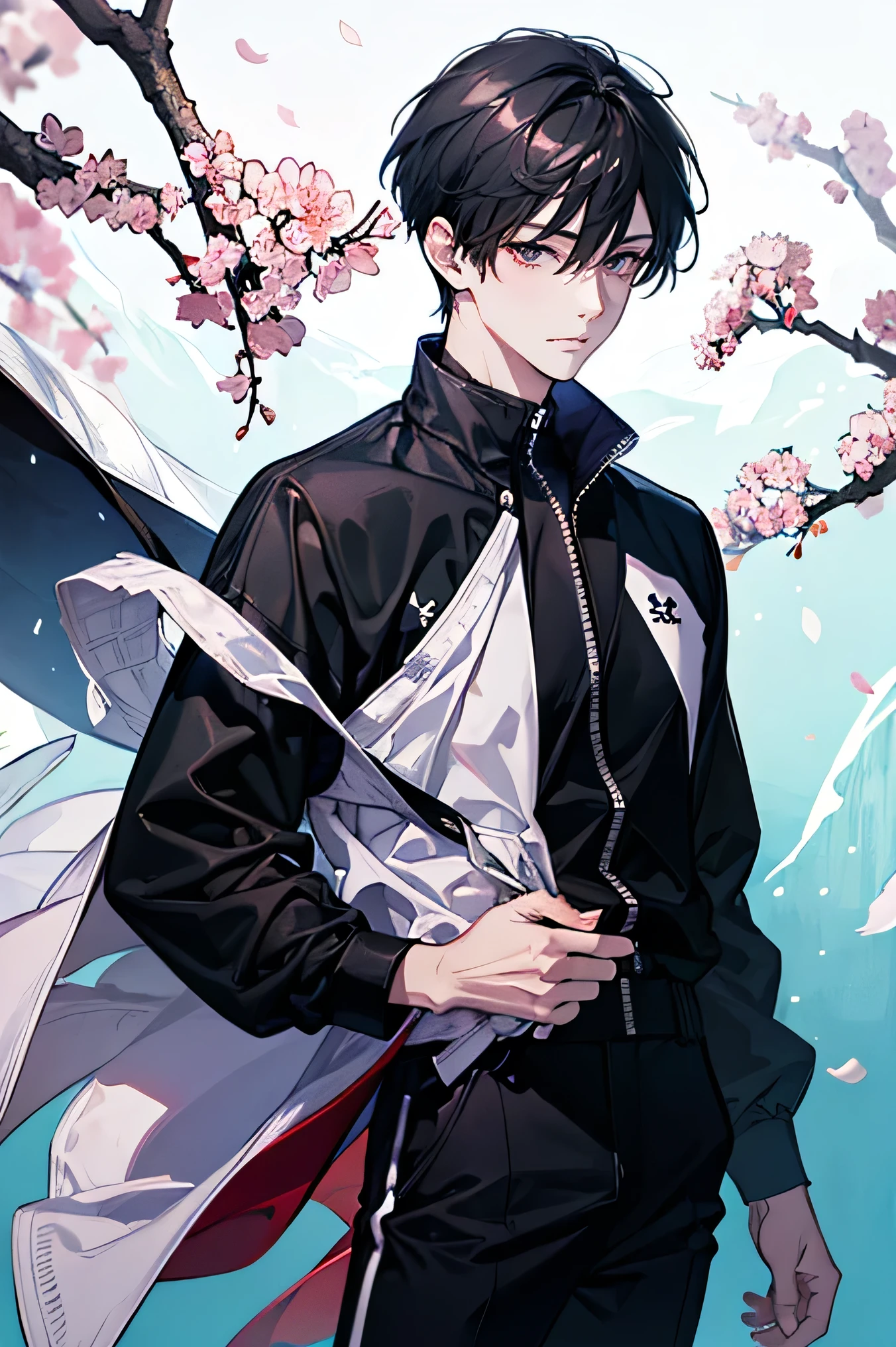  Man Two 　　Handsome Guy　very short black hair　smile　　　　under a cherry tree　blue sky　　　solid black long sleeve 　　solid black tight high neck shirt　full zip up　　　Tight Long Pants　　I'm proud of Megamokkori　　 slim figure　wide thigh opening 　　Sakura Fubuki　　　Cherry blossom petals soar
