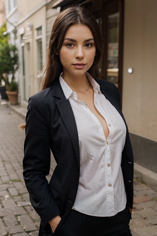 Brune de 20 ans, chemise blanche, gros seins, pas de soutiens gorge, dehors, ville, téton qui pointe