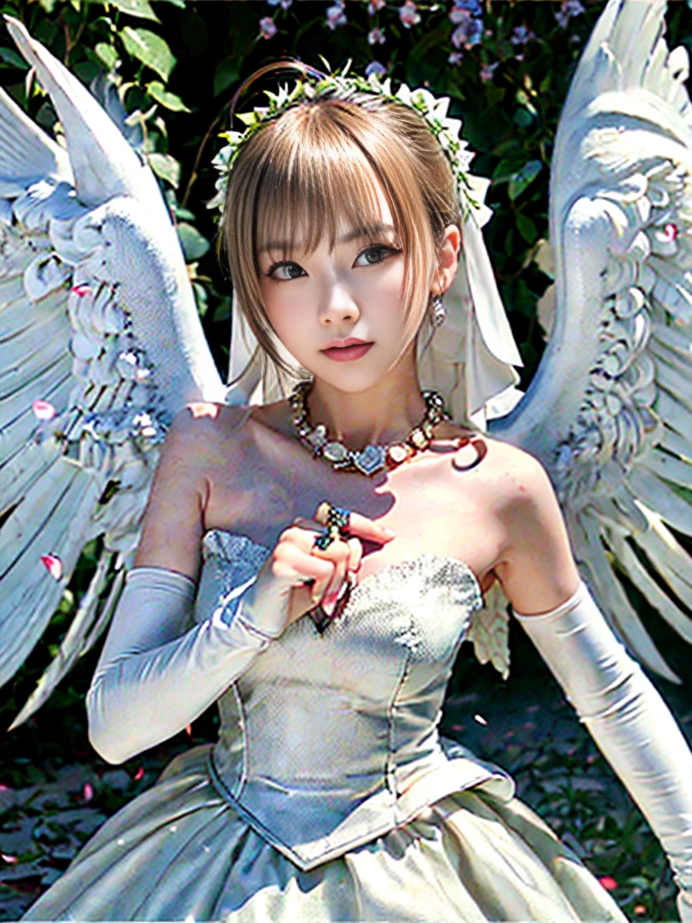 flowering flower bed、Walking along the path of flowers、8K、realphoto、超A high resolution, Master Parts, Best Quality, nffsw , cinematic images,Lovely girl、ann、18 years Orosaxon、二重まぶた、drooing eyes、Very big eyes、eye shadow、 ighly detailed , a blond、Straight short hair、 Sweet look 、ssmile、Charming gaze、A little embarrassing、thin lipss ,Beautiful nose and slightly pointed tip,、a very beautiful woman、long limbs、bare-legged、 Very clear shadows , jewely , A detailed eye, very intricate, shiny skins , Perfect Brilliant, Perfect Lighting, Dramatic shadows ,White tiara on head、white angel wings from back of greek see-through white dressig、White bouquet in both hands、
