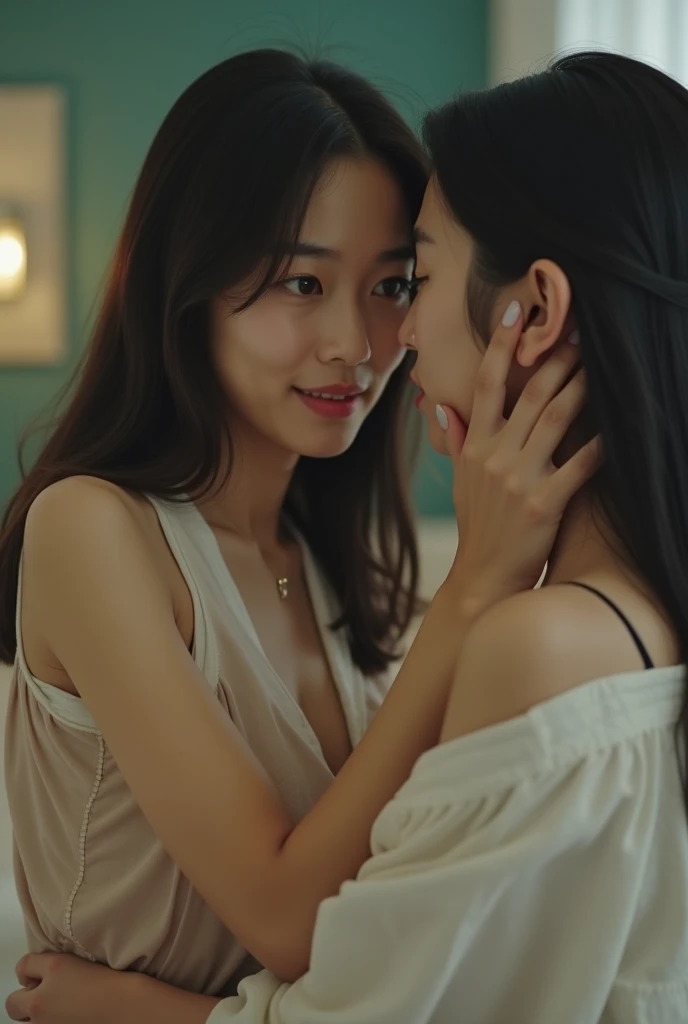two asian women are kissing each other in a bedroom, kissing together cutely, portrait of two girls kissing, alena aenami and lilia alvarado, sakimichan, lalisa manobal, kiss mouth to mouth, twice, kissing each other, jaeyeon nam, with a twin, nixeu and sakimichan, two girls