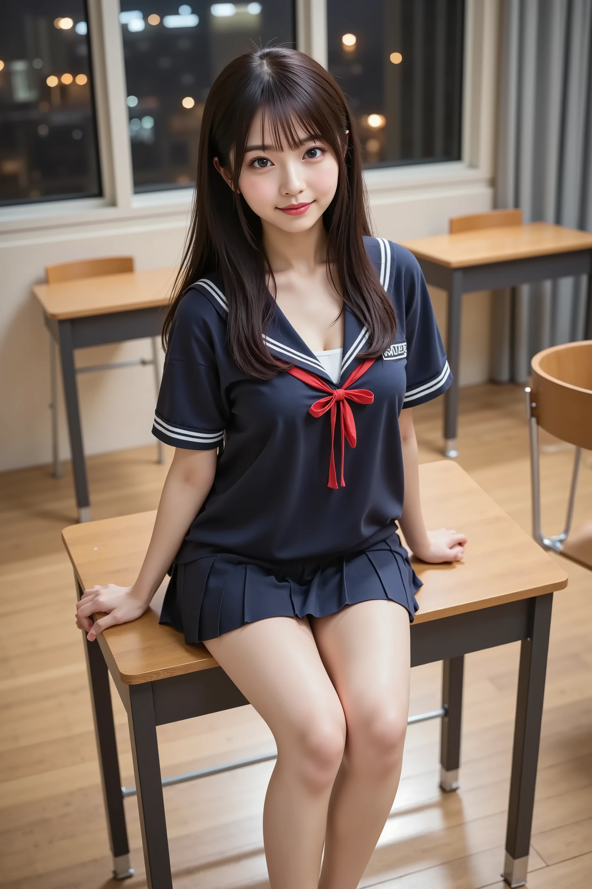 misaki, huge breast, Cleavage, ultra-realistic digital illustration of a slender young woman sitting on top of a wooden classroom desk, facing forward. She is shown in a tight medium shot from the top of her head to just above her knees. Her face and entire head are fully visible and centered within the frame. Her black hair is long, tied loosely behind her head, with two strands hanging down each side of her face. She is wearing a Japanese high school uniform consisting of a dark blue sailor-style top with a white collar and a red ribbon tied at the chest, along with a pleated navy-blue mini skirt. Her shoulders and upper chest are covered by the uniform. The skirt reveals her bare legs from the mid-thigh down. She is not wearing socks or shoes. Her arms are relaxed, with one resting beside her on the surface of the desk, and the other placed lightly on her thigh. She sits with her legs slightly turned, but still clearly within the framing of the image. The desk has a flat wooden surface and a small metal frame visible below it. Behind her is a large rectangular window divided into multiple glass panels. The window is closed. The outside view is blurred, showing only nighttime city lights and dark sky through the glass. Curtains are partially drawn to the sides. The classroom contains rows of empty wooden desks and chairs. The floor is polished linoleum with visible light reflections. The lighting in the room is artificial, coming from ceiling lights out of frame. There are shadows on the floor and parts of the wall. Her figure is well-lit. There are no other people in the room. There are no decorations, posters, or any additional items on the desk or walls. The framing includes part of her upper body, skirt, and bare legs. Her face is neutral, eyes directed forward. The entire figure is clear and nothing is cut off by the edges of the image. The background remains in focus and the perspective aligns with a camera at seated eye level. The entire composition