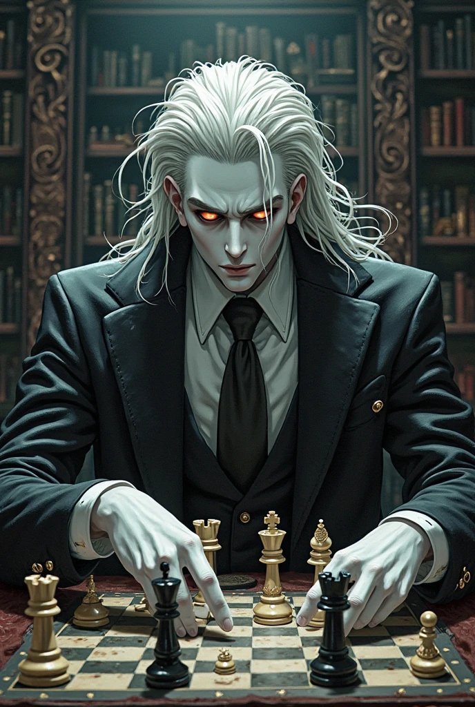Anime style, ultra detailed, masterpiece,a gentleman with long straight silver hair, wearing a long fitted black cloak, ruffled shirt, gold trim,at a card table,gambler, fantasy style <lora:AstralMecha:0.8>,