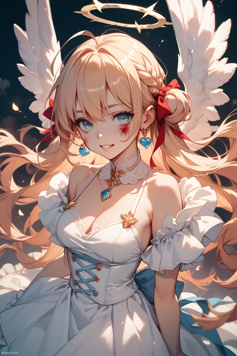 cute female child,greek clothes, peplos, 1girl, nedium breasts, blond hairbl, ahoge,Cute face,Sword,quadratic element,16 yaers old, Asymmetrical hair, Floating hair, hair between eye,Lateral hair, Next to the phoenix,chest tattoo,cleavage,mediuml breasts,upper legs,bandagens,Bare shoulders,florals, hair intakes, looking at viewert,独奏, rosette, jewely, By bangs, hand on hips, ribbons, upper legs, 鎖骨, white backgrounid, ssmile, Separate the sleeves, pigtails, tress ribbon,french braid,simple backgound, Red ribbons, 耳Nipple Ring, longer sleeves, red rose, The mouth, faint blush, long whitr hair, choker necklace,Beautiful,fanciful,dream magical,magia,Magnificent imagination,A high resolution,ultra-delicate,best qualityer,Super refined,tmasterpiece, Best quality at best,Uncensored,Pure
