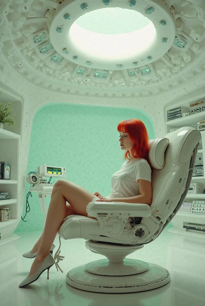 there is a woman sitting in a chair in a living room, anamorphic lenses. high quality, ava max, retro space helmet, futuristic government chambers, pulp femme fatale, blonde girl in a cosmic dress, orange lamp, radios, suki, crystal nodes, bluray image, tv --auto --s2