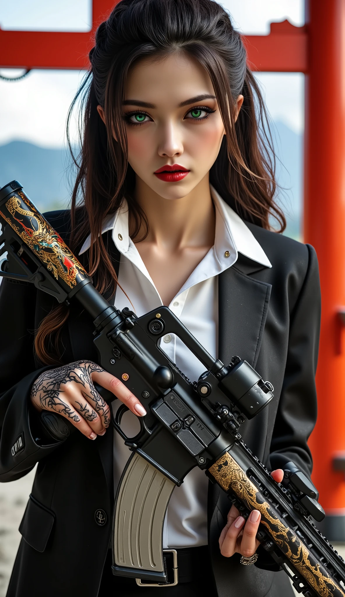 [Style: - "8k, masterpiece, realistic, Photorealistic realism, Hyper high resolution" - "highest quality, intricate ultra-detailed digital art"] (Key Directive: - "The priority is the anatomical accuracy and texture of the materials" - "Ultra-sharp human eyes with biological accuracy") {Character: "a beautiful girl hold with both hands, one machine gun [(M16A4 assault rifle, Stat Track) ((Pull the trigger with your index finger:1.2, Laser beam:0.7, Flamethrower:0.7, Looks like fire:0.6)) ((Painted Japanese dragon))" | "((firm and full breasts:1.4))]" | Face: "full lips, red lipstick, intense gaze" | Eyes: - "((sharp focus, no blurry eyes, Hyper absurd quality, Hyper details, Hyper realistic green eyes:1.4))" - "((extra narrow eyebrows))" - "(Carefully draw Long blue_mascara:1.2)" - "(perfect round eyes)" | Hair: "long hair, dark hair, curls at the ends of the hair, hair above one eye,((long combed to the side))" | Pose: "elegant pose" Outfit: [Top: "modest office suit {red,elegant,leather}, (shiny accessories)" | ["lace ((white undershirt:1.33))"] | [Shoes: "high heels"]  Environment: "((Mt. Fuji tori))" Lighting: "studio lighting, monochromatic, striking contrast, dramatic shadows" (Rendering engine: "Unreal Engine 5 path tracing, 16K texture maps") | The ultra-Highres,Unreal 5,Subsurface scattering,PBR Texturing,Post-Processing,Anisotropic Filtering,depth of fields,Maximum Sharpness and Sharpness,multi-layered texture,Albedo and Specular maps,Surface Shading,Precise simulation of light-material interactions,perfectly proportions,Octane rendering