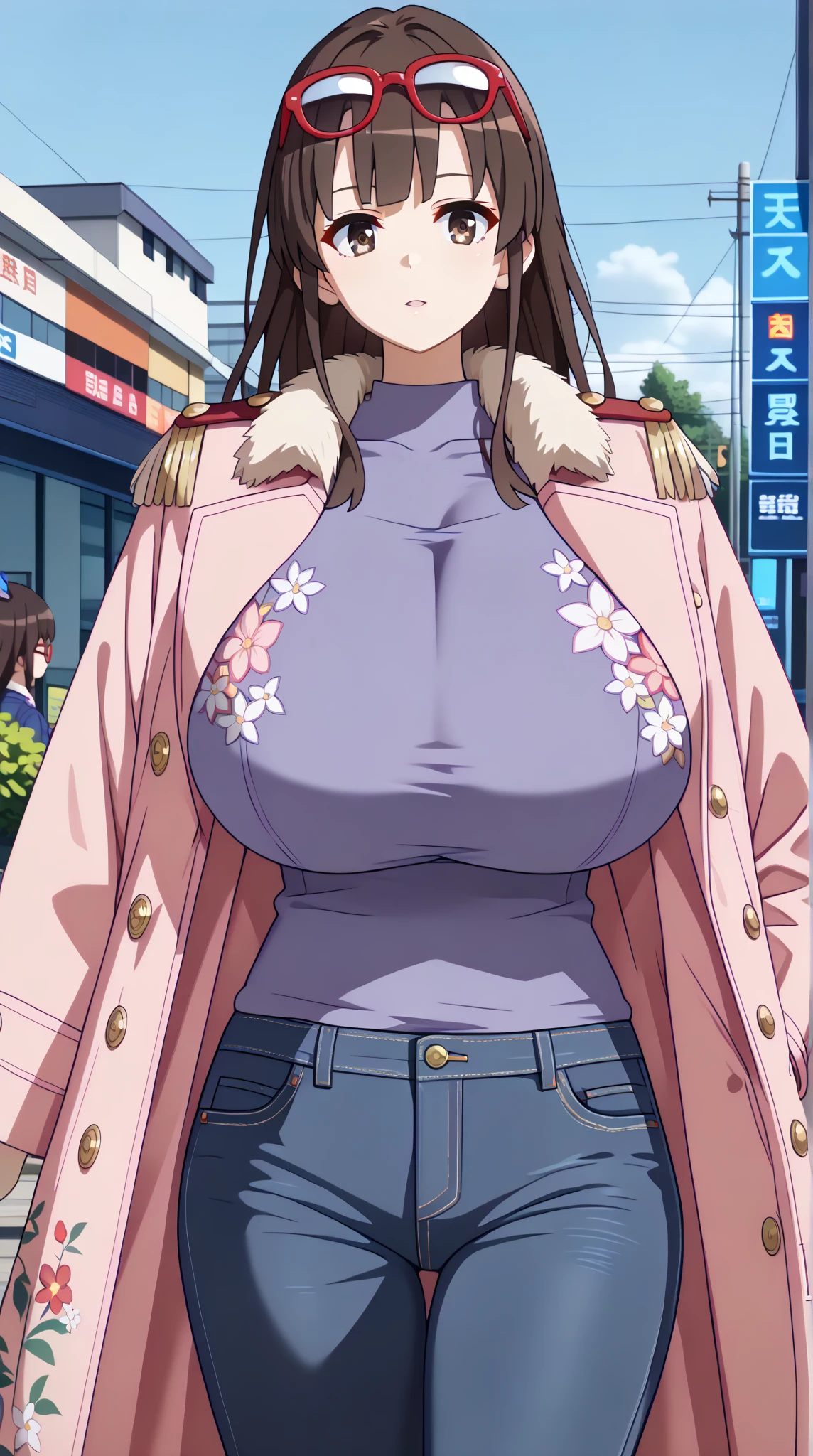 1 Female,High definition,high resolution,Ultra-realistic,8K, 8K, CC, 1girl, purple eyes, vest, striped shirt, striped sleeves, pants, European,sexy,Upper body close-up,Photographed from the front,Dynamic Angles,(blush), big tits , happy, wink the eye,facial, sweat,multicolored hair , red neon lights ,((nipples))