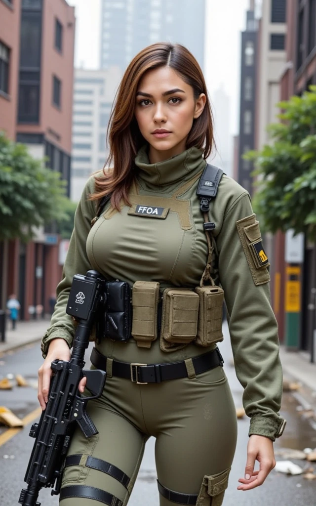 One of them is sexy, big breasts, athletic body, the sports game, a club in military green, camouflage doll, camouflage pants, high boots with a backpack on the back, sunglasses in the Urban scene