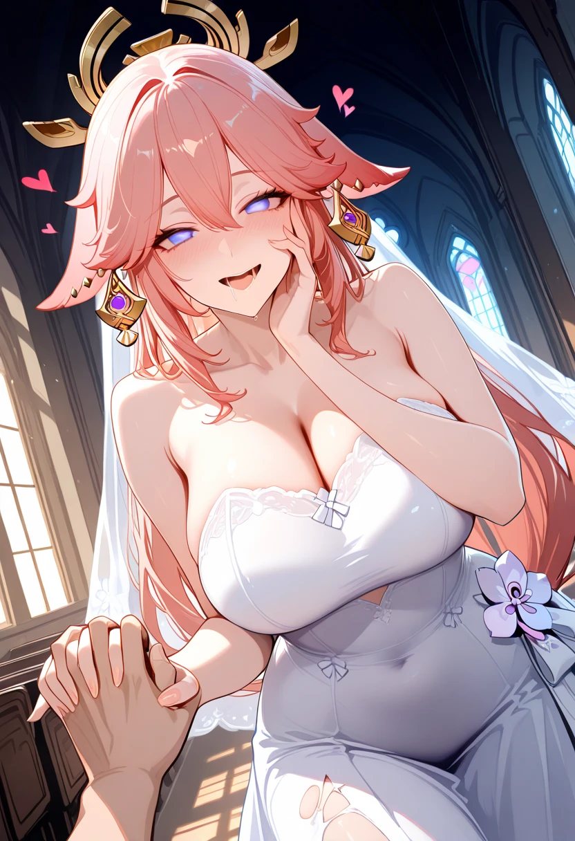 Girl with pink hair, long twin-tail hairstyle,((small bushy eyebrows)),, dressed in gothic wedding dress, lolita clothing, lolicon , (in a church full of people), flirtatious smile, suddenly having sex in public, ((squinted eyes, red cheeks and drooling)) hands on belly, force the groom to have sex at the altar, wearing a wedding dress, 1 boy crying behind her