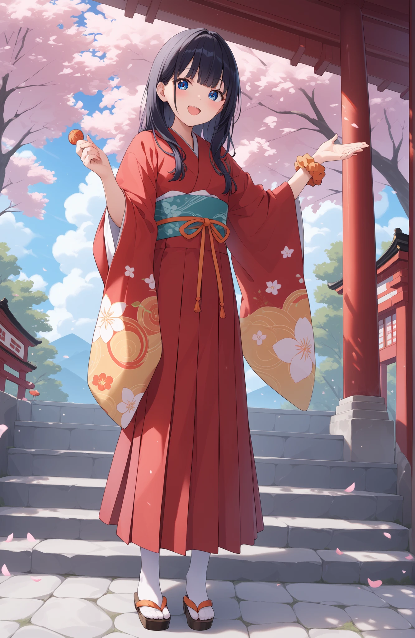 score_9, score_8_up, score_7_up, source_anime, It's because of Rikkata, black hair with a young pattern, blue eyes, long hair, orange scrunch, scrunchie, Wrist Scrunches , smile,cover,Open Your Mouth,Orange wrist scrunch, Shrine maiden, kimono, object, Red Hakama Skirt , Wide Sleeves, long sleeve, ribbon trim sleeve,Sandals, white socks, standing on a stone staircase,noon,full bodyがillustrationsに入るように,break outdoors, shrine,
break looking at viewer,full body,
break (masterpiece:1.2), Best Quality, high resolution, Unity 8k 壁紙, (illustrations:0.8), (beautiful detailed eyes:1.6), very detailed face, so that it fits into the illustration, Extremely Detailed CG, (perfect hand, perfect anatomy),