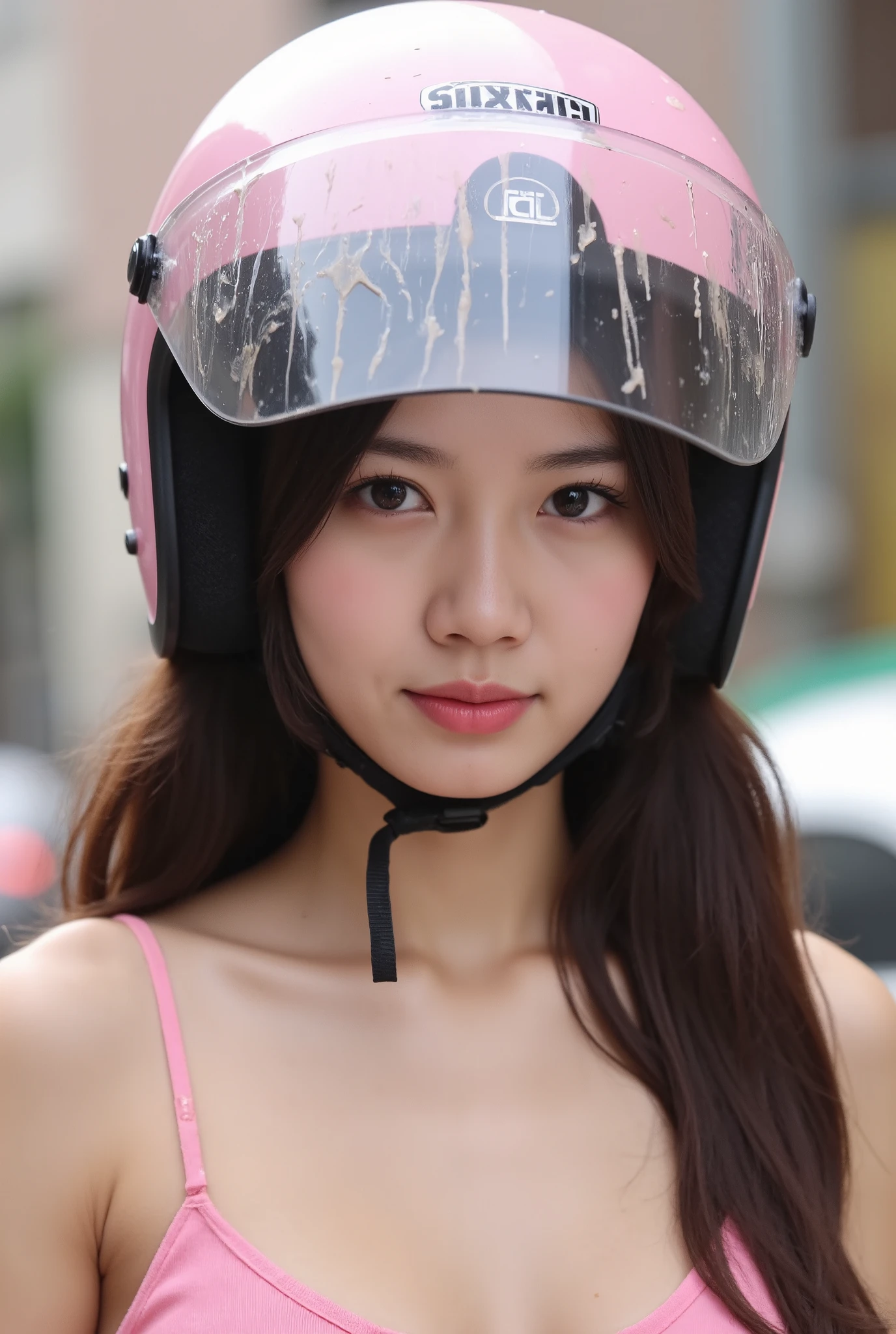 Korean girl wearing pink spaghetti strap top, pink scooter helmet with large lowered full face clear visor, gazing through visor, visor shielding face, dirty wet goo splattered visor, blushing expression, transparent visor, close up, face behind visor, ((clear helmet visor)), Long Hair, smeared visor, dripping down visor