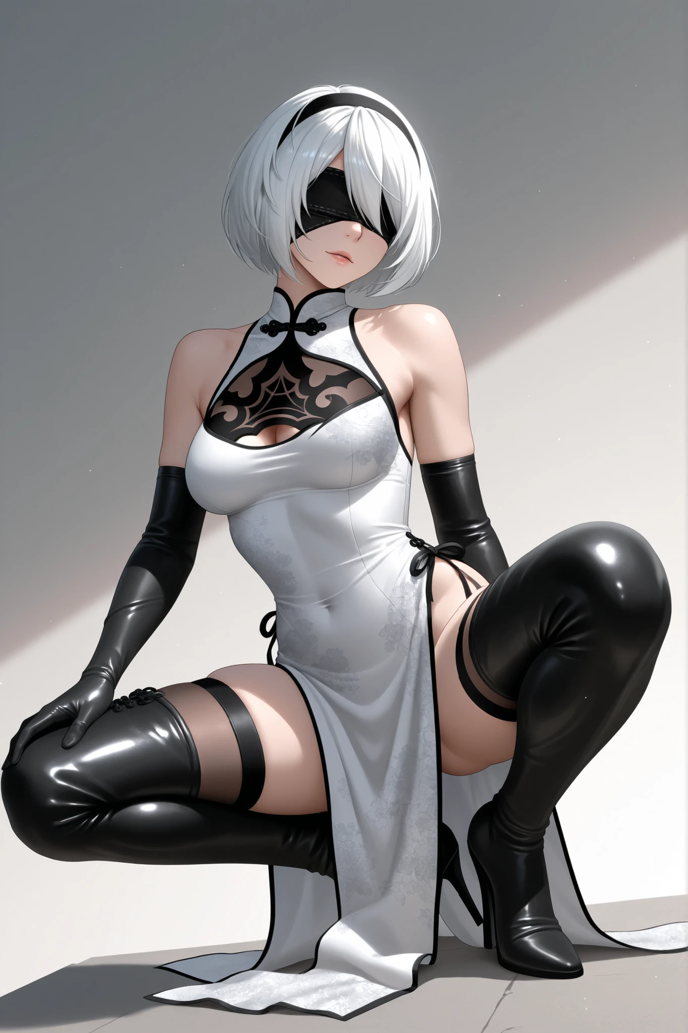 1girl,hm2b, black blindfold, covered eyes, mole under mouth, clothing cutout, long sleeves, puffy sleeves, Juliet sleeves, feather trim, black thighhighs, black gloves, covered navel, (white leotard:1.2), realistic, skin texture, hyper realistic, ultra realistic, bedroom, modern, window, cozy
<lora:2B Cosplay_0.4+yorha_noDOT_2_type_b_0.6:1>