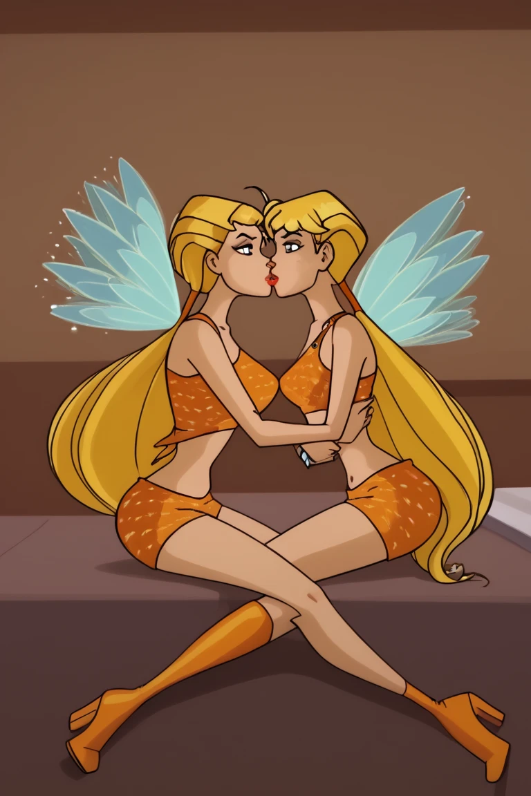 A cartoon illustration of two women sharing a passionate embrace and a deep french kiss standing by the pool. One is a shiny gold-skinned moth girl with large delicate moth wings and soft feathery antennae wearing a white one-piece swimsuit. The other is a deep red-skinned dragon girl with curving bat wings and dark devil horns wearing a black one-piece swimsuit.