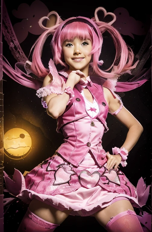 tan skin demon magical girl with bright hot pink hair one small side ponytail black spikey bat dress little demon horn and tail thick lineart expressive anime style