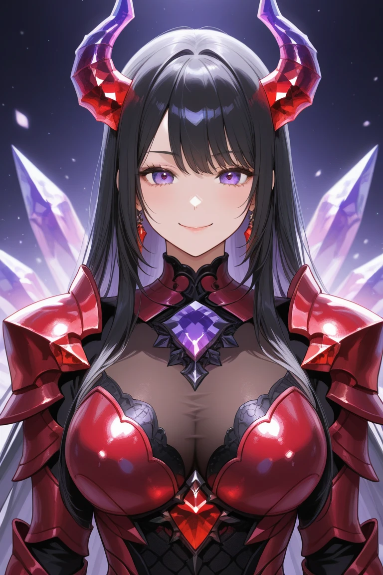 masterpiece, Very detailed, ultra detailed, One, (1 woman), athletic and prominent body, strong abs, She wears futuristic red armor with shiny black details., with a large and detailed spear, in a stable and fighting position, super mature, high, mother, mature mother, by the wide, straight hair and straight bangs, shiny black hair, purple demonic horns, beautiful, charming, bright blood red eyes, elegant, big breasts(huge), wise smile, charming, against the background of snow, ice and winter.