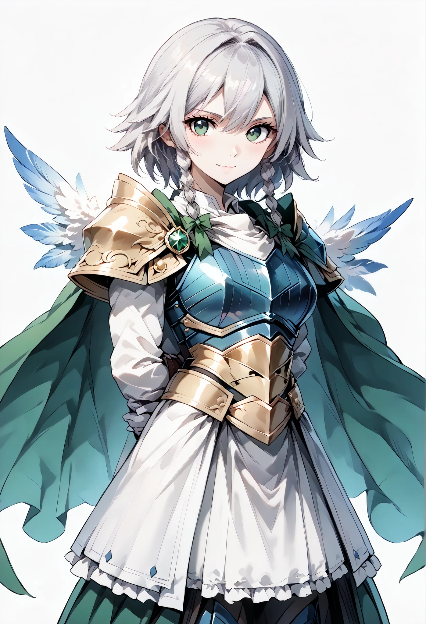 score_9, score_8_up, score_7_up, source_anime, 4K,perfect fingers,(perfect hands, perfect anatomy),prefect lighting, very aesthetic, intricate details,highly detailed background, masterpiece, high quality, best quality,
1girl,solo, izayoi_sakuya,silver hair, twin_braids ,Large Breast,
wearing ((gloves, long sleeves, wings, white gloves, armor, shoulder armor, breastplate, blue armor, Cape, armor, Androidization、Robotization, Handguard, Waist wrap skirt, breastplate, full armor, )) ,,
smile, ((pale skin)), ((White plain background:1.5)) , looking at viewer, ((Arms Behind Back,:1.5)),