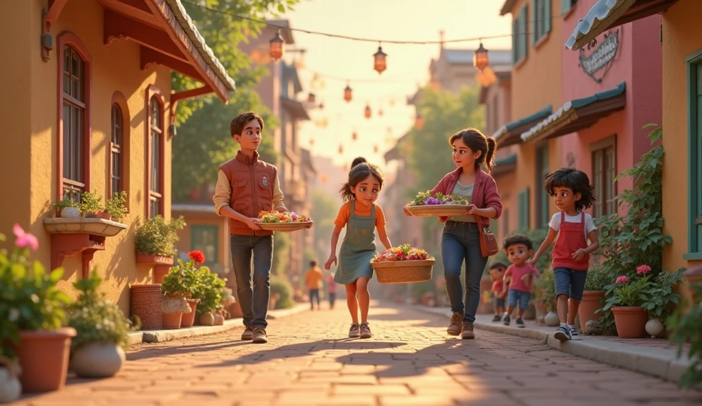 very realistic 4D caricature portrait, a busy traditional market with traders selling their wares, a cute little is running while carrying a balloon, making the fruit seller laugh when she almost hits a pile of apples
