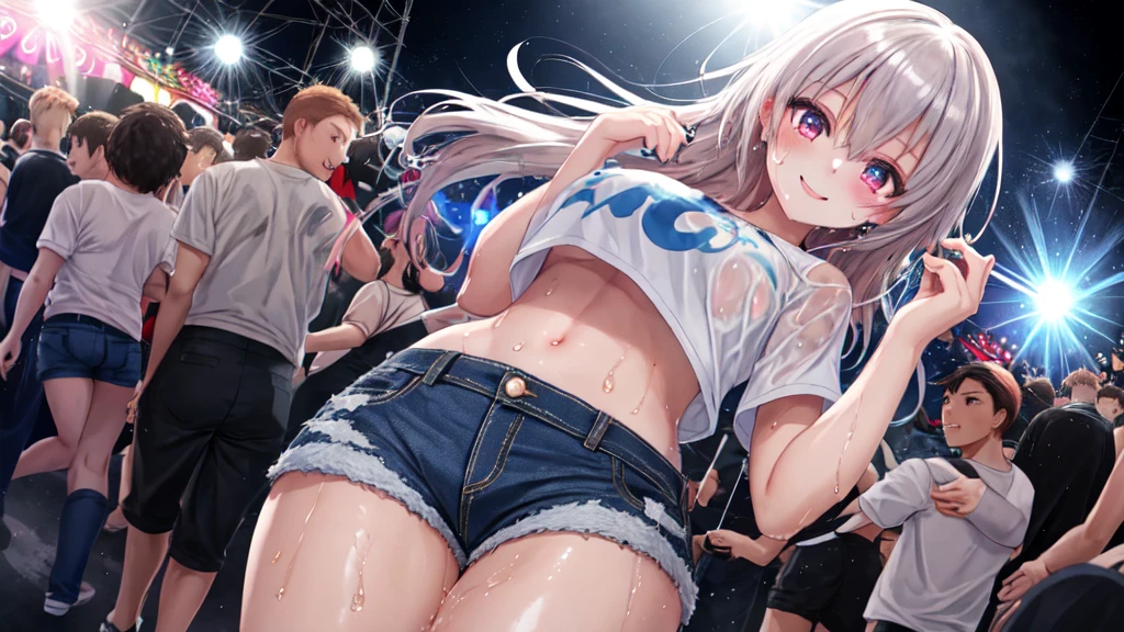 beautiful white slim girl, 5girls, different hair colors, colorful t-shirts, unzipped shorts, no panties, bottomless, topless, pussy peek, pussy, pussy juice, pussy juice puddle, squirting, pee, peeing, pee puddle, pee stream, wet legs, pee on legs, urinating, orgasm, thigh strap, vibrators, full body, hiding, covering mouth, embarrassed, scared, stage, dancing, from behind
