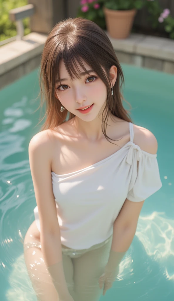 Realistic photos、Focus on the face of a cute high school girl、Bikini、Beautiful sitting , Sit well, Taken from the opposite seat, skirt, High heels, pantyhose, White lace panties, Surprised expression, Perfectly styled long hair, Pearl Necklace. Sexy and cute schoolgirl standing next to the pool, gorgeous model bikini, model bikini, Swimsuit model, Black Bikini, Blue Bikini, Great face and body, , Wearing a swimsuit,